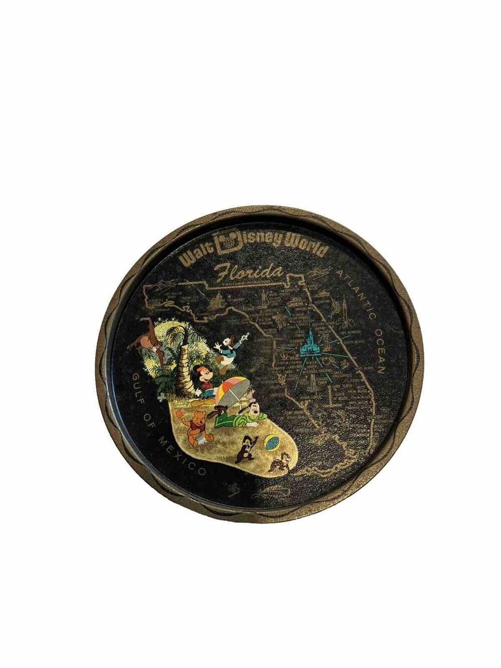 Walt Disney World Vintage Florida Map Print Metal Round Serving Tray Plate